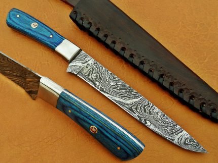 DAMASCUS STEEL BLADE FILLET KNIFE HANDLE MATERIAL BLUE MICARTA 10 INCH
