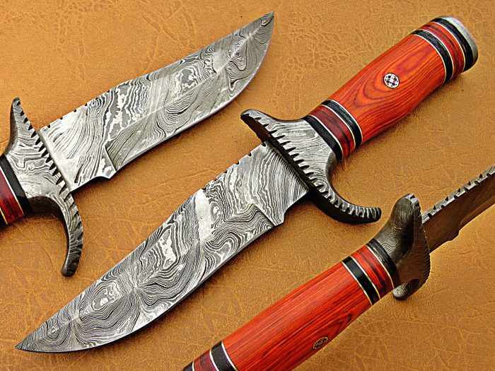 DAMASCUS STEEL BLADE HUNTING KNIFE HANDLE RED SHEET OVERALL 9 INCH