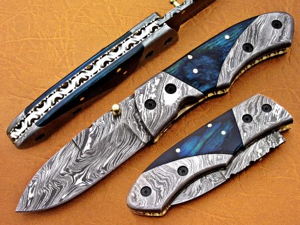 DAMASCUS STEEL BLADE FOLDING KNIFE BLUE HANDLE OVERALL 7.5 INCH