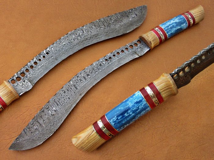 DAMASCUS STEEL BLADE KUKRIE KNIFE HANDLE MATERIAL OLIVE WOOD BLUE BONE 18 INCH