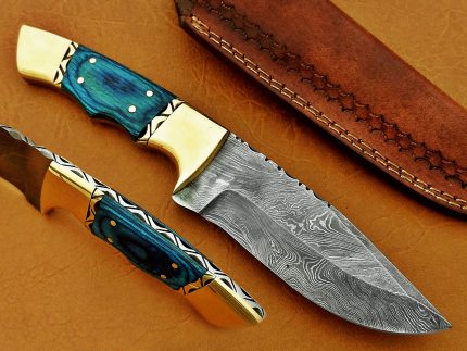 DAMASCUS STEEL BLADE KNIFE SKINNER BLUE SHEET HANDLE BRASS BOLSTER 8 INCH