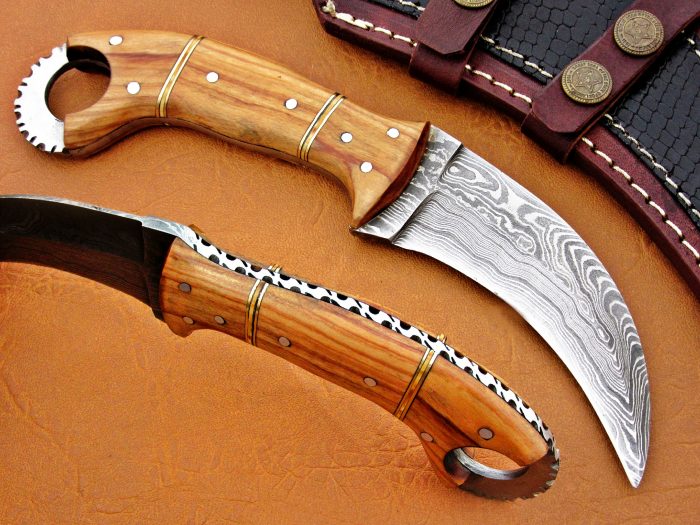 DAMASCUS STEEL BLADE KARMBIT KNIFE HANDLE MATERIAL OLIVE WOOD 9 INCH