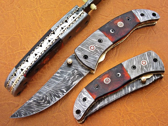 DAMASCUS STEEL BLADE FOLDING KNIFE COLOR BONE HANDLE OVERALL 8.5 INCH