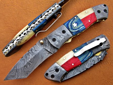 DAMASCUS STEEL BLADE FOLDING KNIFE,AMERICAN HANDLE OVERALL 8.5 INCH