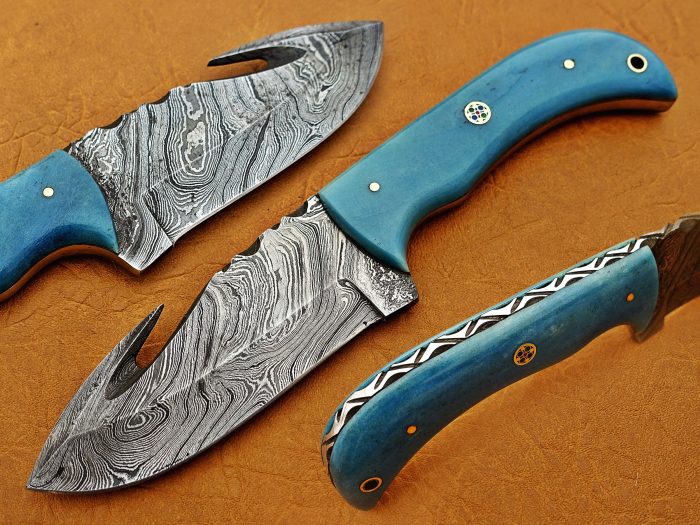 DAMASCUS STEEL BLADE KNIFE SKINNER KNIFE BLUE COLOR BONE HANDLE 8 INCH