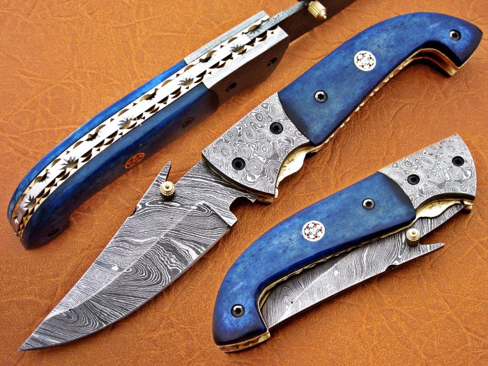 DAMASCUS STEEL BLADE KNIFE , FOLDING KNIFE ,BLUE BONE HANDLE OVERALL 7.5 INCH