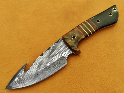 DAMASCUS STEEL BLADE GUT HOOK KNIFE HANDLE BUFFALO RAM HORN BOLSTER 8 INCH