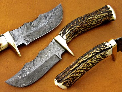 DAMASCUS STEEL BLADE HUNTING KNIFE HANDLE DEER ANTLER OVERALL 9 INCH
