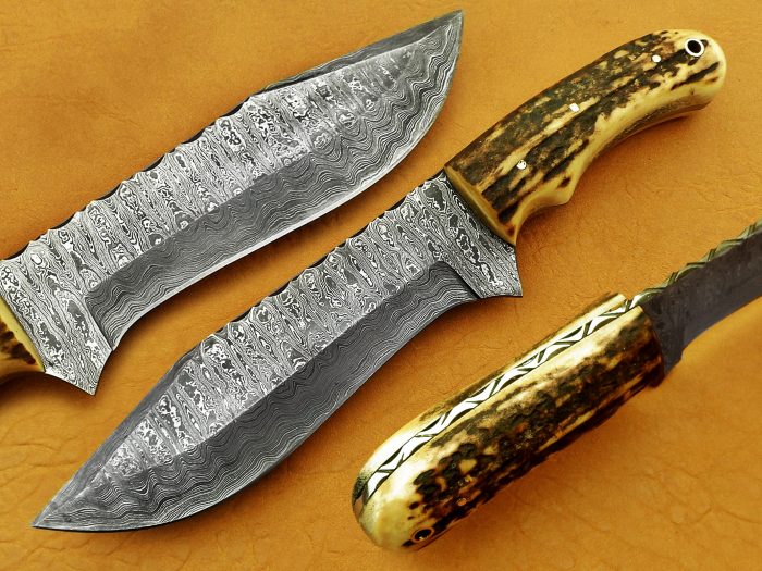 DAMASCUS STEEL BLADE HUNTING KNIFE HANDLE DEER ANTLER 11 INCH