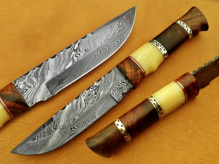 DAMASCUS STEEL BLADE HUNTING KNIFE HANDLE CAMEL BONE WALNUT WOOD OVERALL 9 INCH