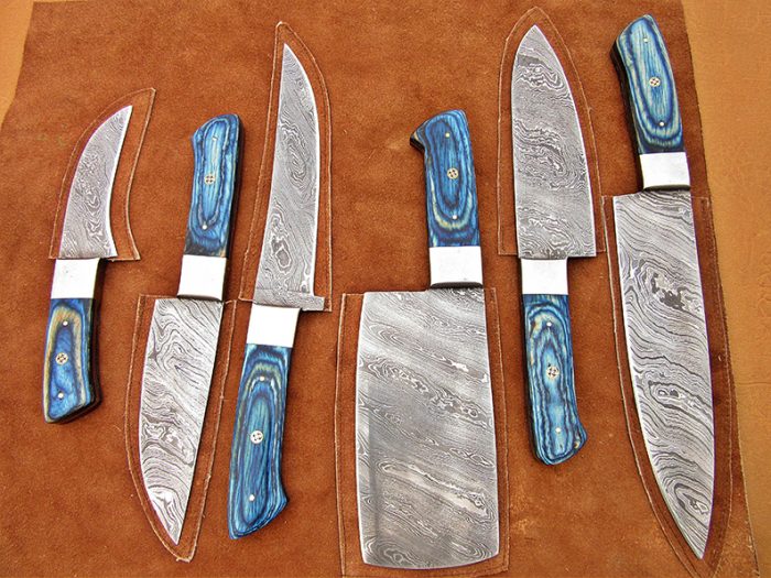 DAMASCUS STEEL BLADE CHEF SET BLUE MICARTA, STEEL BOLSTER 6-12 INCH