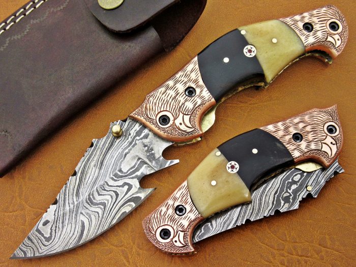 DAMASCUS STEEL BLADE KNIFE FOLDING CAMEL BONE HANDLE OVERALL 7.5 INCH