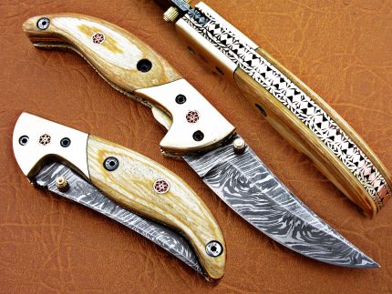 DAMASCUS STEEL BLADE FOLDING KNIFE,DAMASCUS HANDLE OVERALL 7.5 INCH