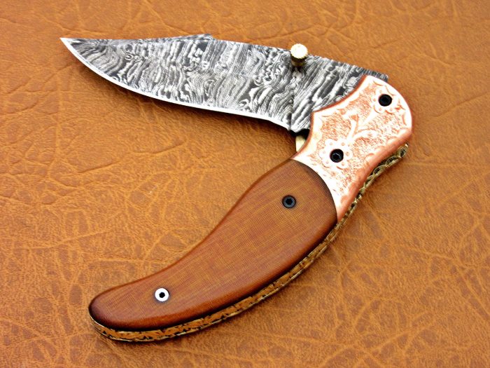 DAMASCUS STEEL BLADE FOLDING KNIFE OLIVE WOOD HANDLE OVERALL 8 INCH