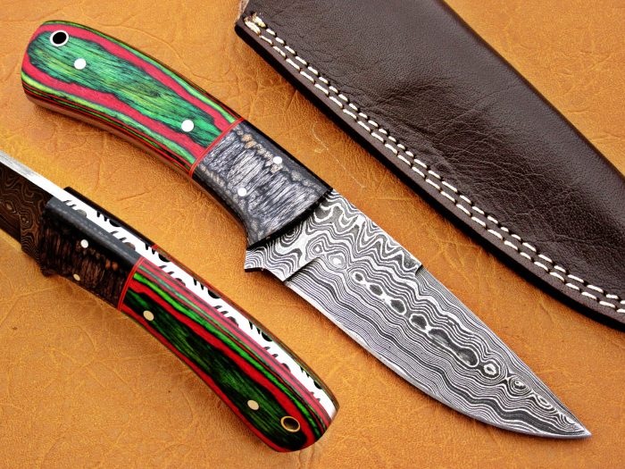 DAMASCUS STEEL BLADE HUNTING KNIFE HANDLE MATERIAL BLACK GREEN MICARTA 9 INCH