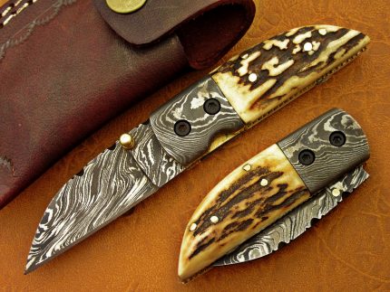 DAMASCUS STEEL BLADE FOLDING KNIFE DEER ANTLER HANDLE OVERALL 6 INCH