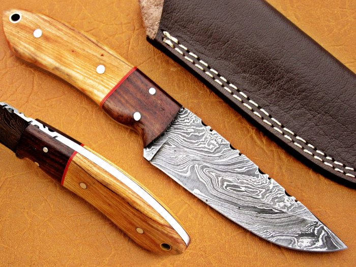 DAMASCUS STEEL BLADE KNIFE SKINNER OLIVE WOOD HANDLE WALNUT 8 INCH