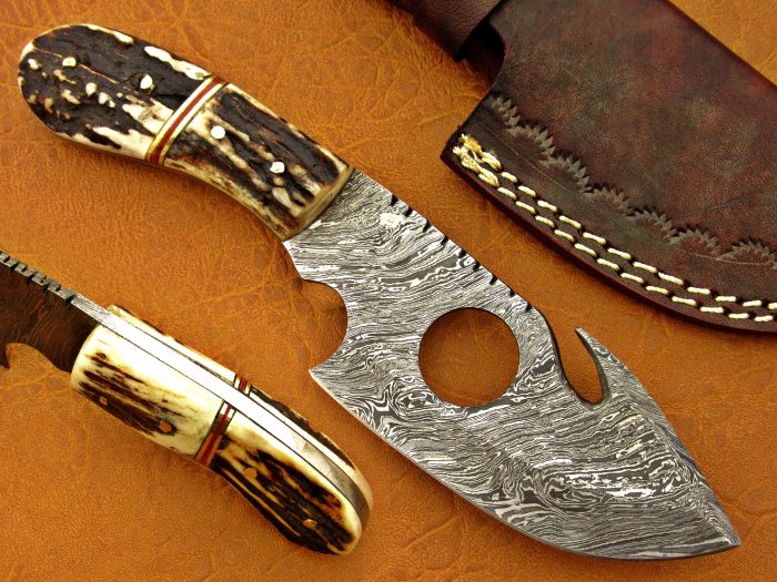 DAMASCUS STEEL BLADE GUT HOOK KNIFE HANDLE DEER ANTLER 8 INCH