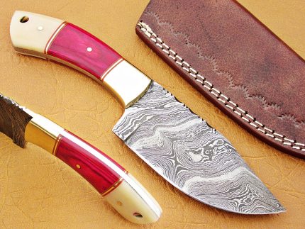 DAMASCUS STEEL BLADE KNIFE SKINNER KNIFE RED COLOR BONE,CAMEL BONE HANDLE 8 INCH