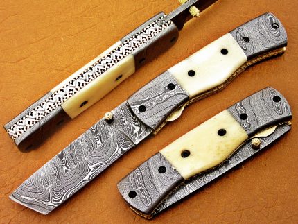 DAMASCUS STEEL BLADE FOLDING KNIFE CAMEL BONE HANDLE OVERALL 8 INCH