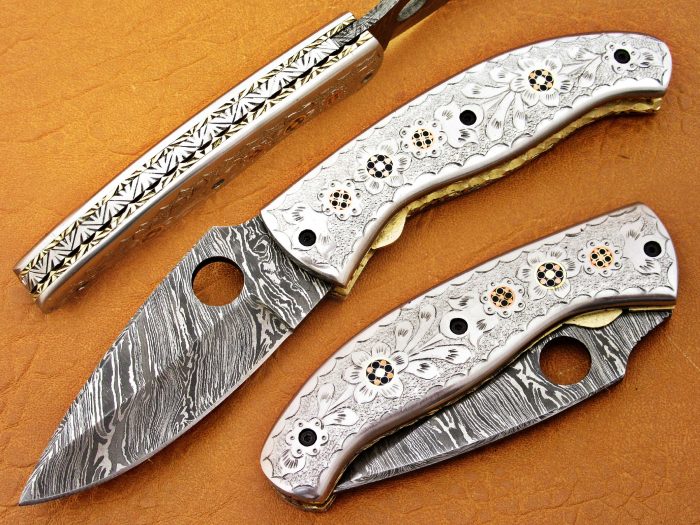 DAMASCUS STEEL BLADE FOLDING KNIFE,HANDWORK STEEL HANDLE 8.5 INCH