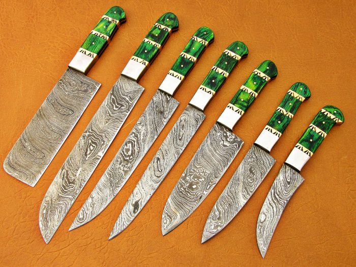 DAMASCUS STEEL BLADE CHEF SET GREEN MICARTA, HANDLE, BOLSTER 7-14 INCH