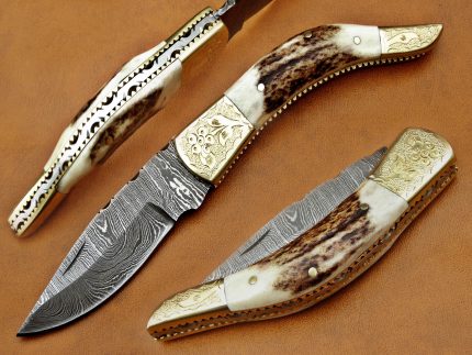 DAMASCUS STEEL BLADE KNIFE , FOLDING KNIFE,DEER ANTLER HANDLE OVERALL 7 INCH (66)