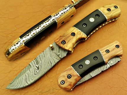 DAMASCUS STEEL BLADE KNIFE FOLDING KNIFE OLIVE WOOD,BUFFALO HORN HANDLE OVERALL 7.5 INCH