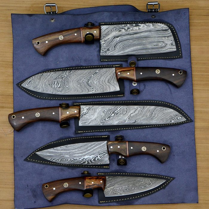 Custom Hand Made Damascus Chef Knife Set With Leather Roll