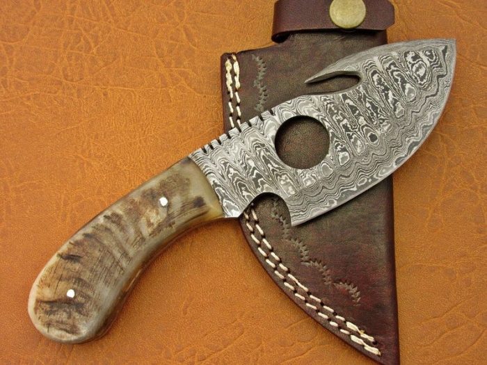 Handmade Damascus Steel Gut Hook Skinner, Hunting Knife