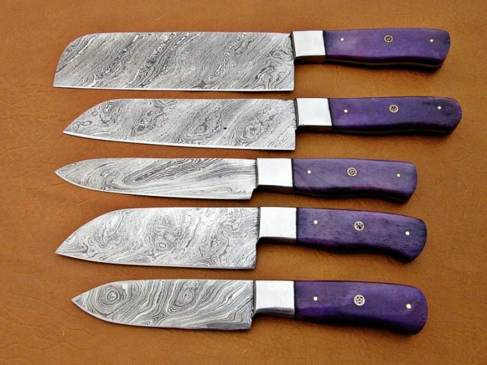 Handmade Damascus Chef Set 5 PC's with Purple Bone