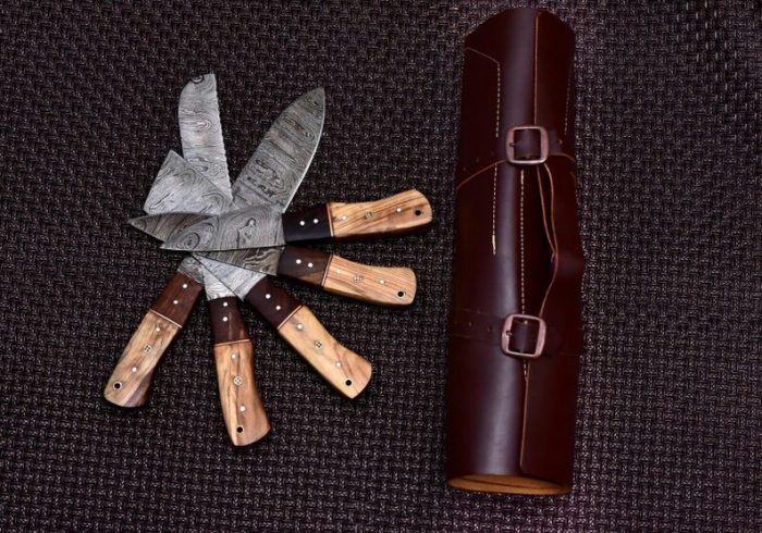 Custom made/Damascus Chef knife Set/ Wood On Handle