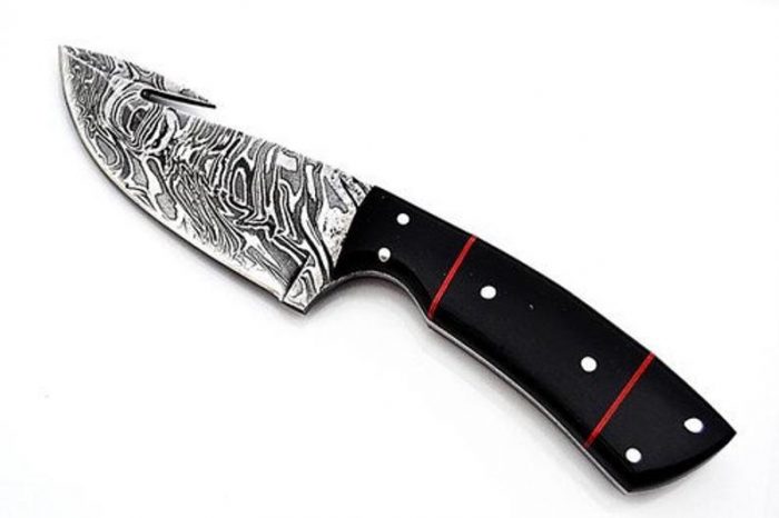 Handmade Damascus Steel Gut Hook Skinner, Hunting Knife with Black Micarta Handle & Sheath