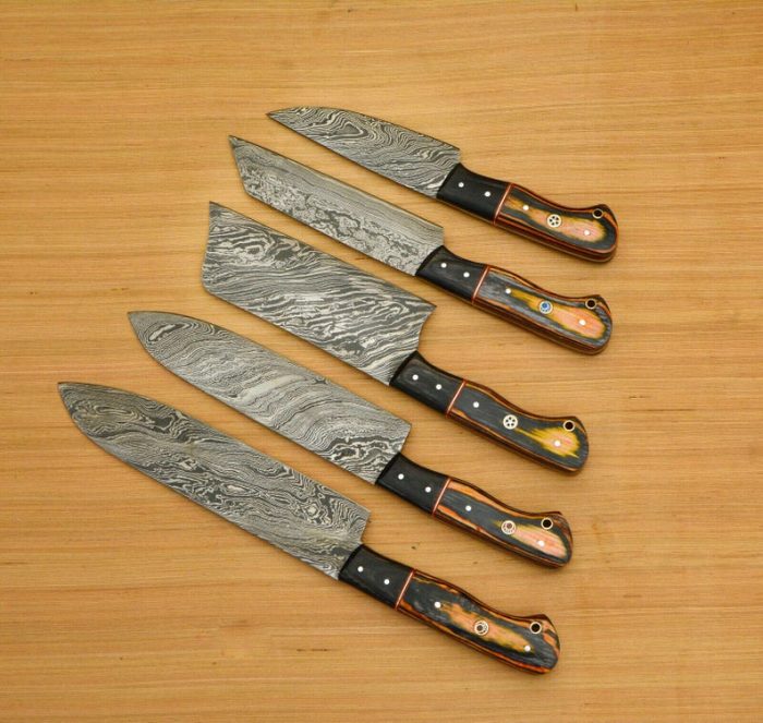 5 PC's Damascus Steel Kitchen Chef Utility Knife Set with Chopper with 5 Pocket Roll & Leather Bag