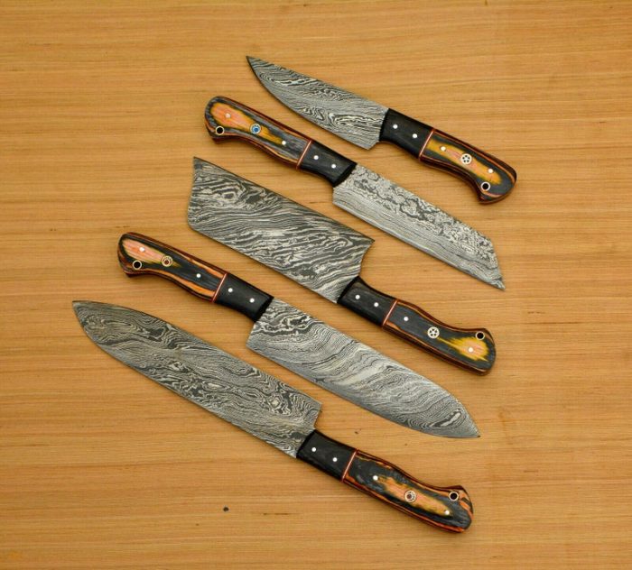 5 PC's Damascus Steel Kitchen Chef Utility Knife Set with Chopper with 5 Pocket Roll & Leather Bag