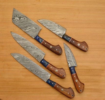 5 PC's Damascus Steel Kitchen Chef With Chopper And Leather Bag