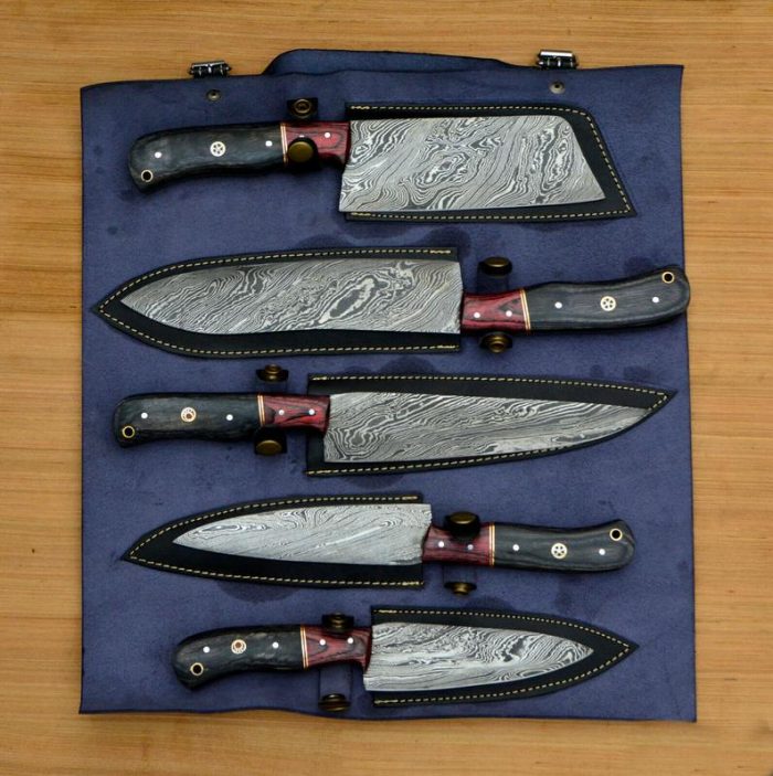 Custom Made/Damascus Chef knife Set/ Wood On Handle with Bag