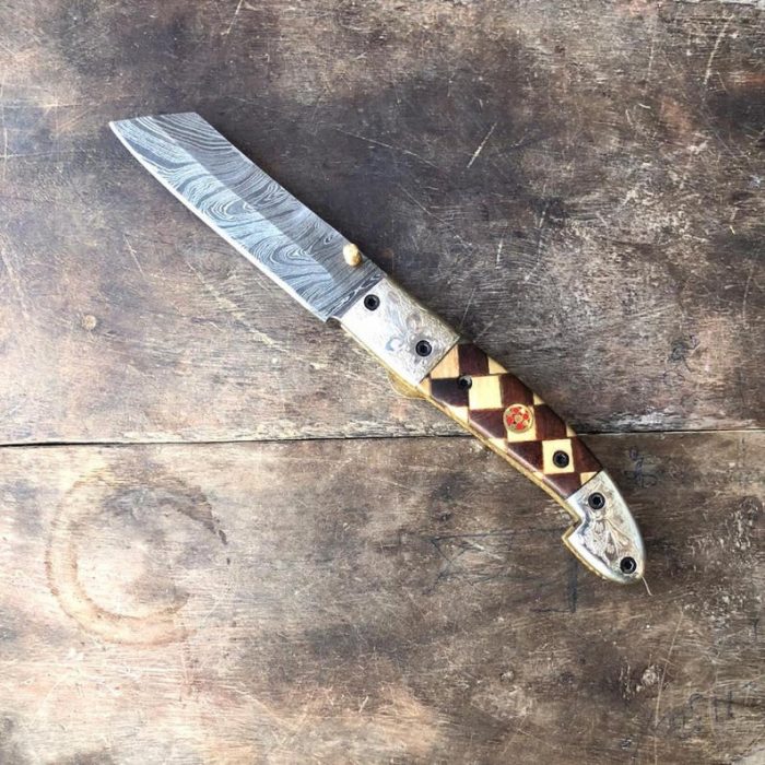 Damascus Handmade Pocket knife With Leather Sheath