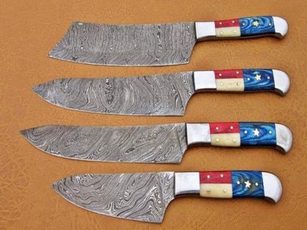 Custom Handmade Damascus Chef Knife Set with USA flag style handle