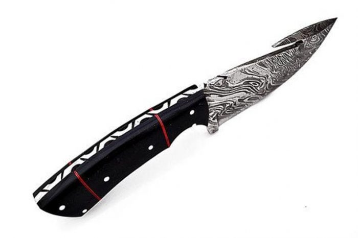Handmade Damascus Steel Gut Hook Skinner, Hunting Knife with Black Micarta Handle & Sheath