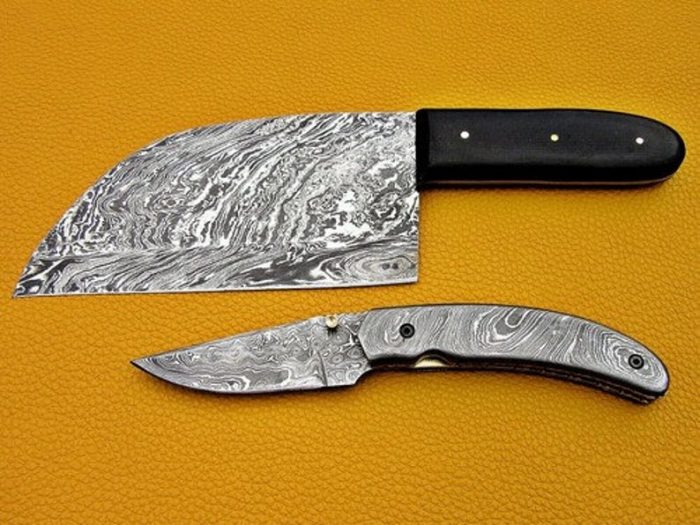 Pair Of 2 Damascus Steel Folding knife Damascus Cleaver knife