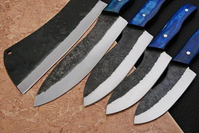 5 PC's Handmade Carbon Steel Forge Chef Set with Coaler Wood Handle